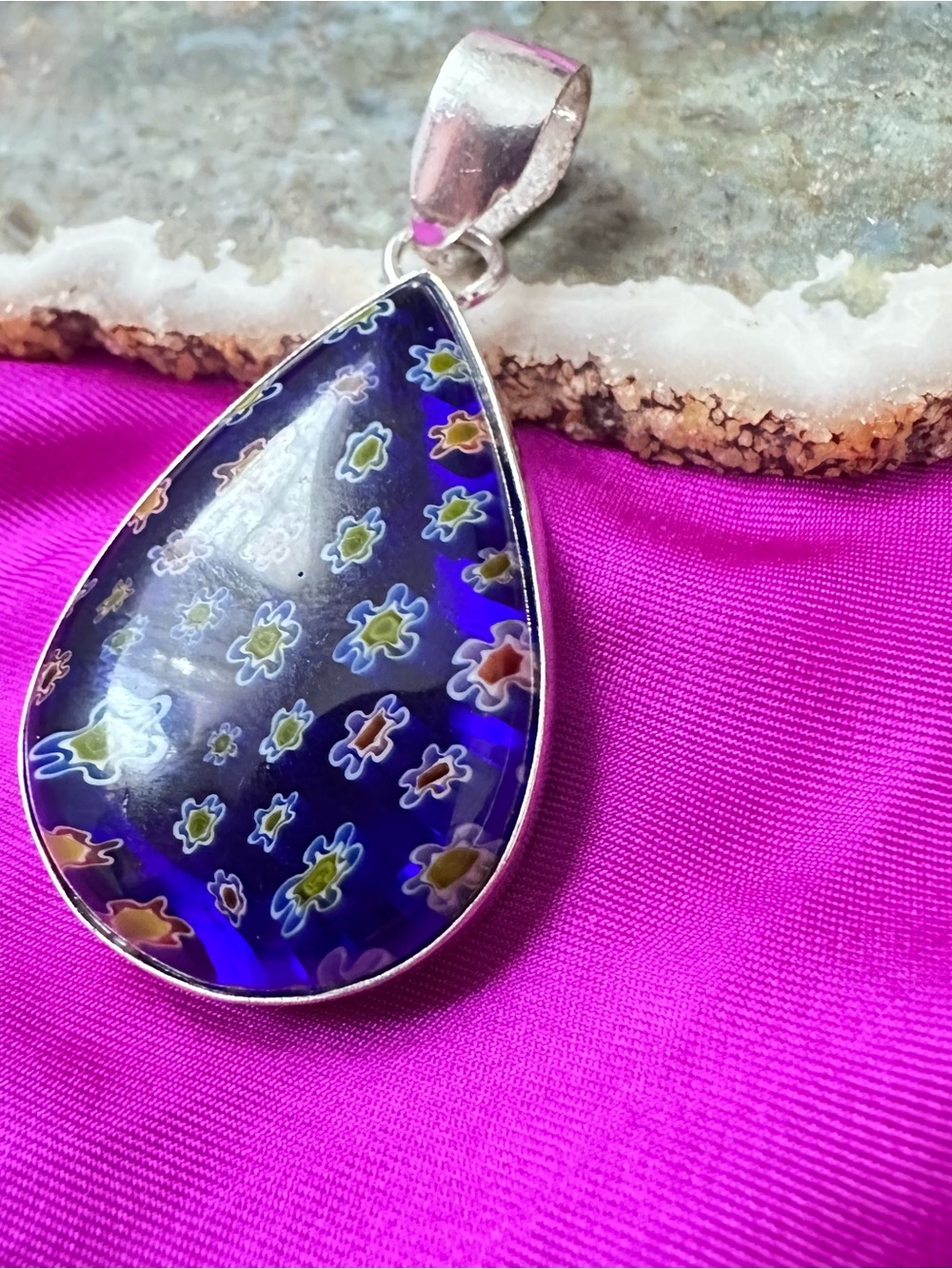 Artisan Blue Millefiori Teardrop Pendant Necklace